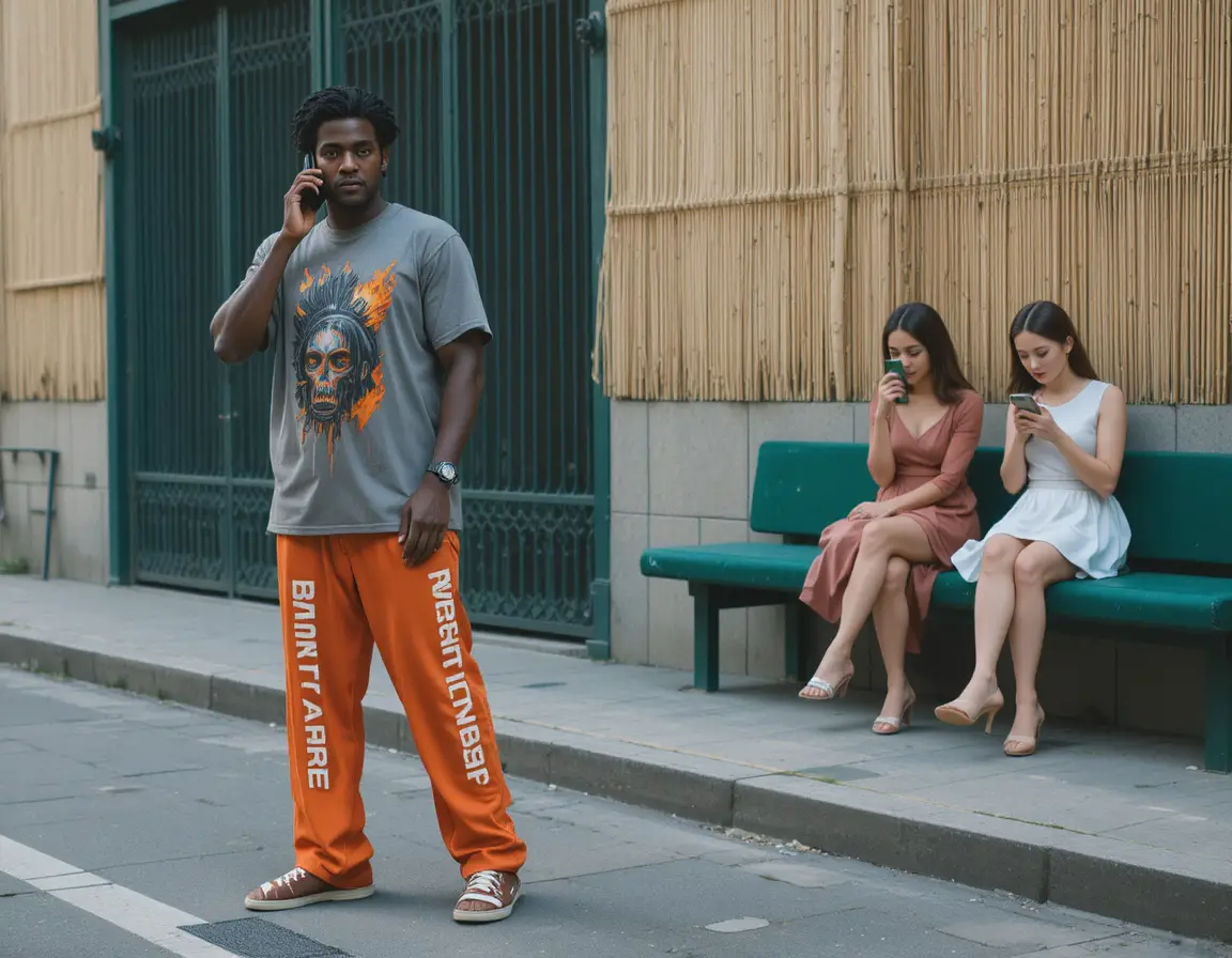 Man on street in bold outfit talking on cellphone