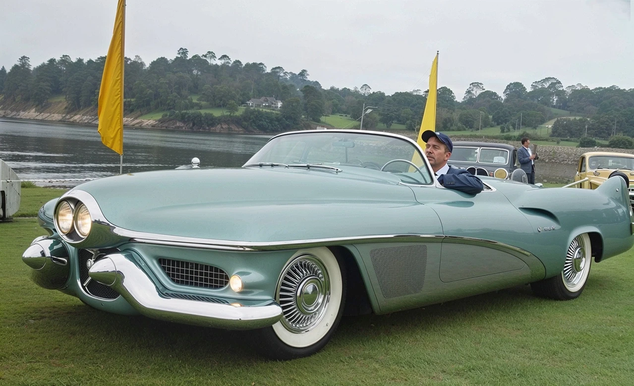Vintage turquoise convertible parked by a calm lakeside