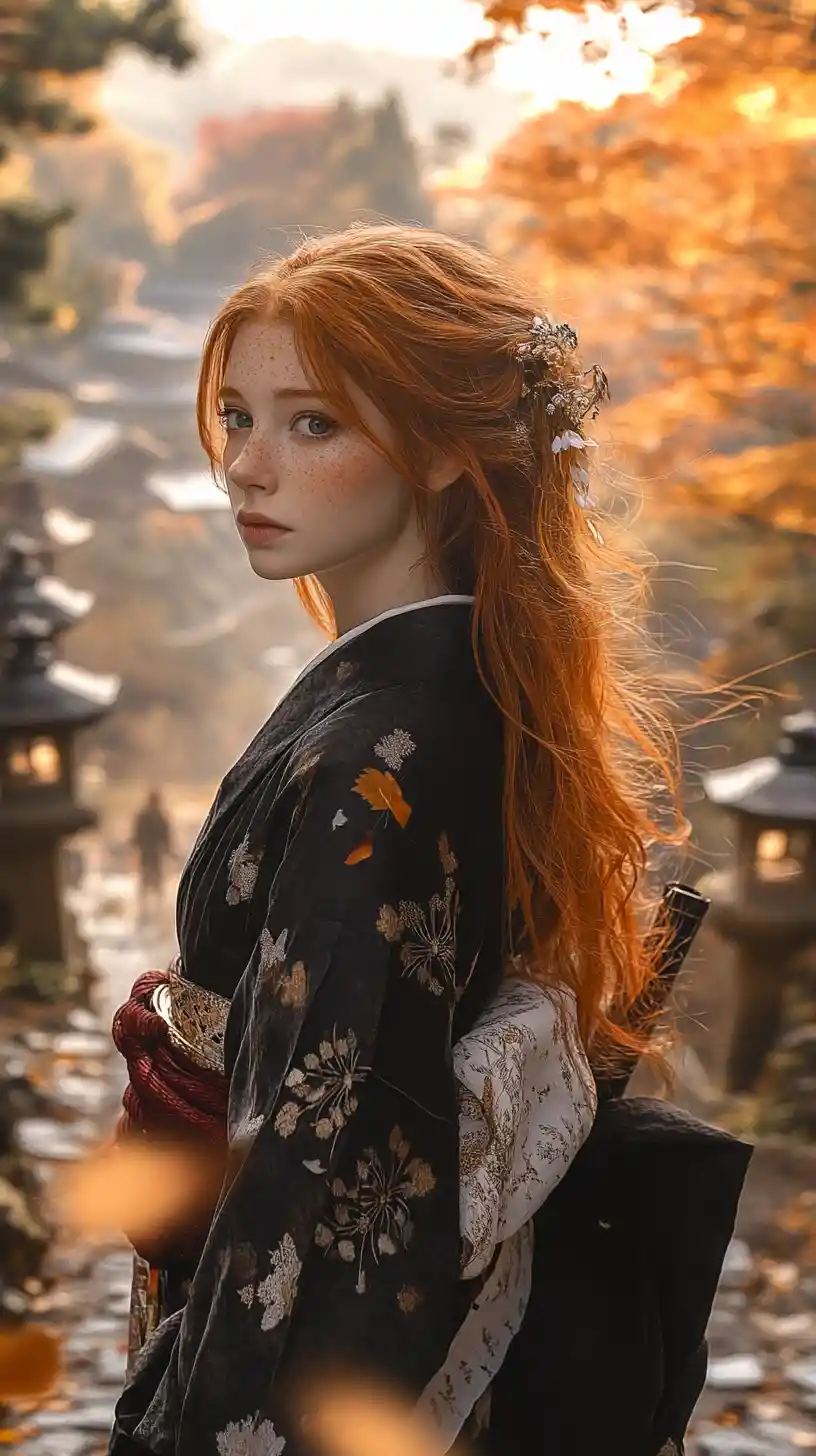 Samurai woman on a quiet Japanese mountain path at sunset