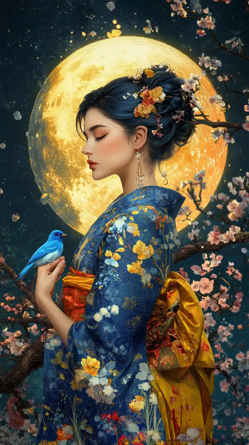 Young woman in kimono beneath a glowing full moon