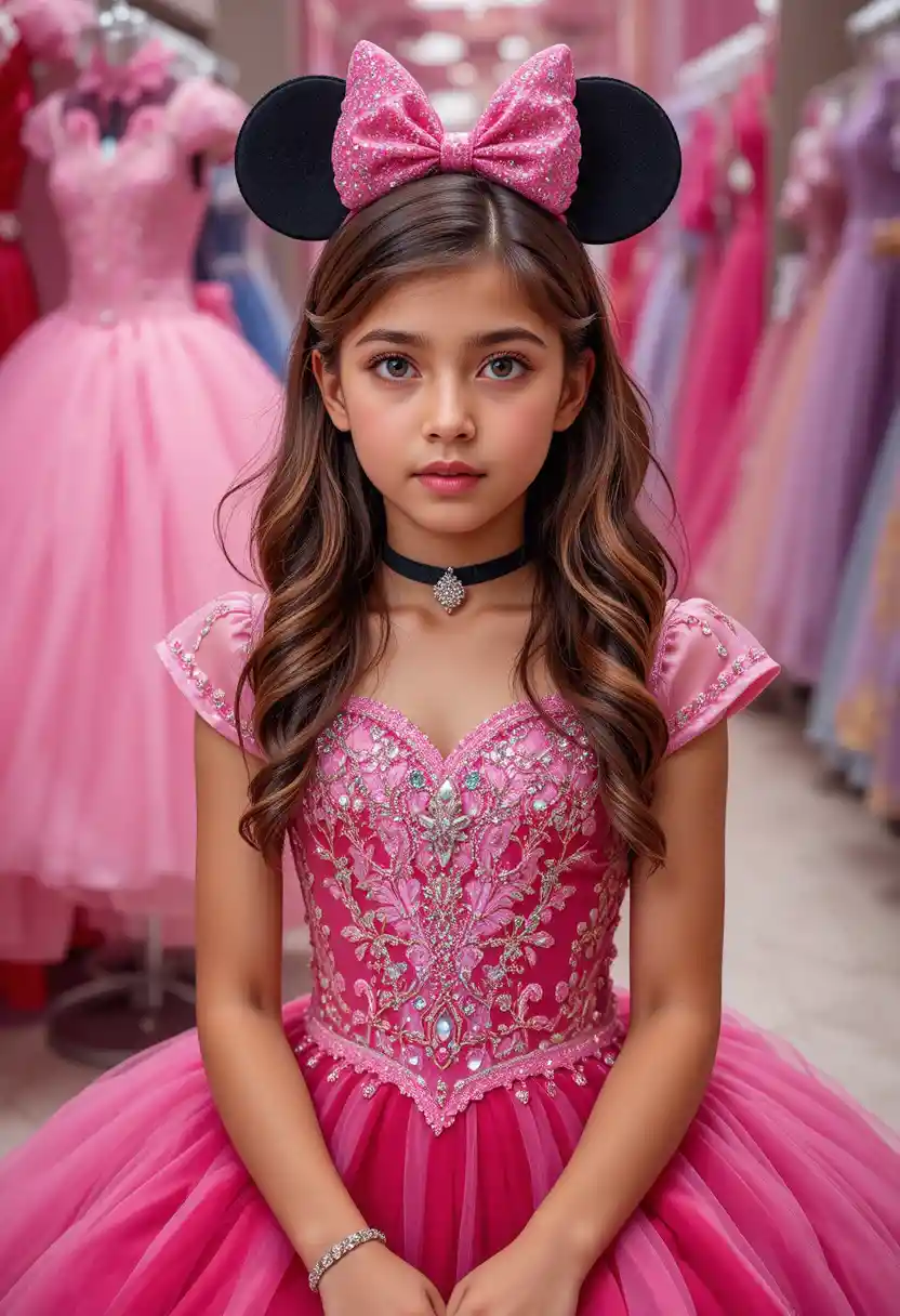 Junges Mädchen im pinken Minnie-Kleid in einer Boutique