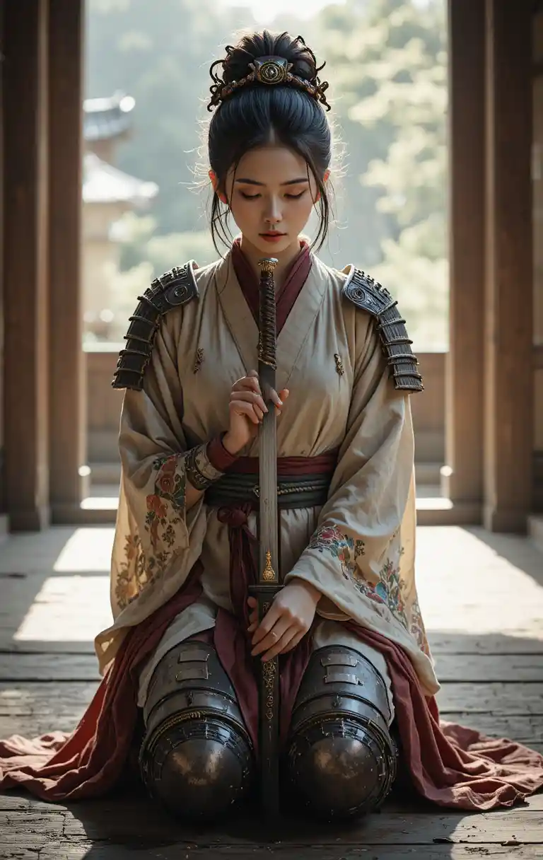 Female samurai kneeling in quiet reflection with katana