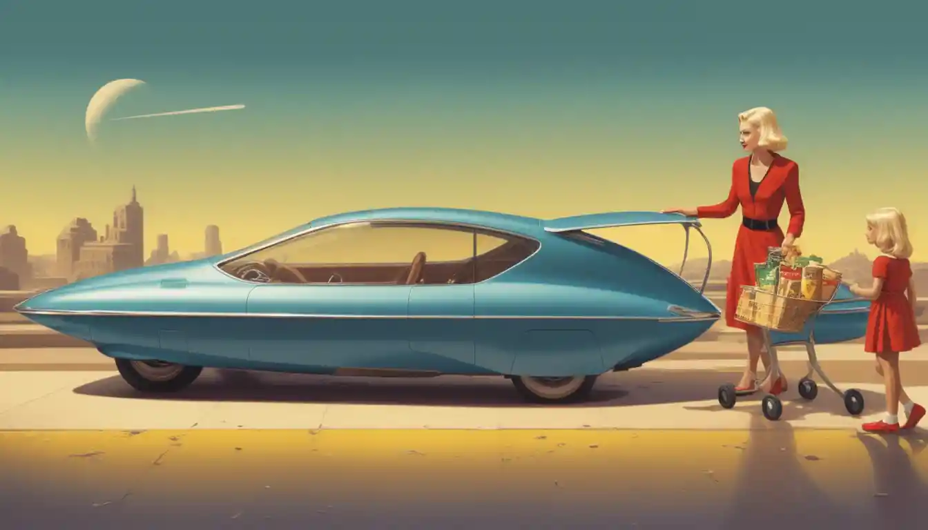 Retro futuristic blue car with woman loading groceries