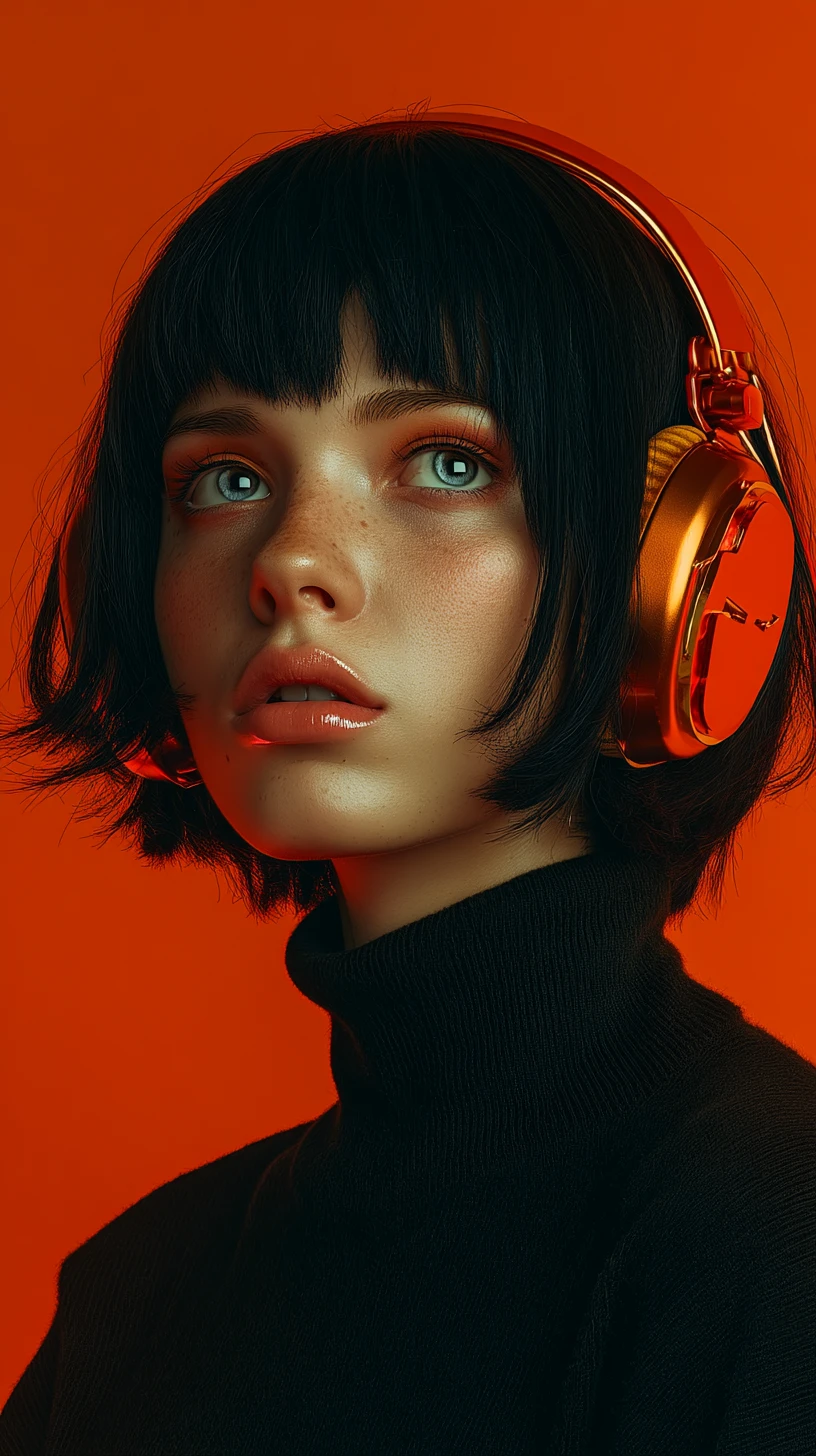 Young woman in headphones with dramatic close up portrait
