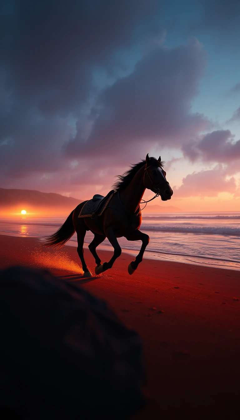 Mythical chimera galloping along a moonlit beach