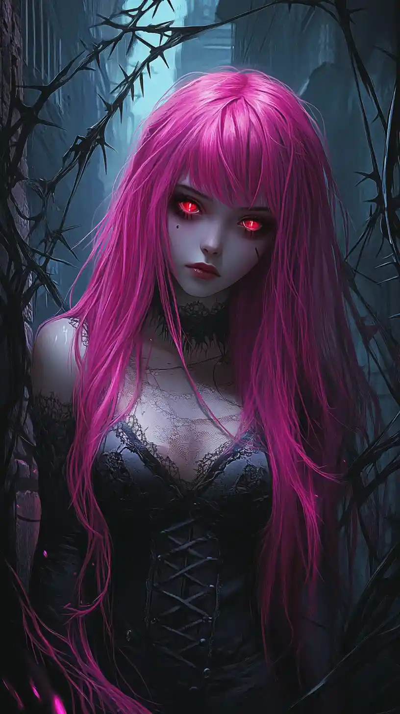 Magenta haired anime girl in a dark gothic alley