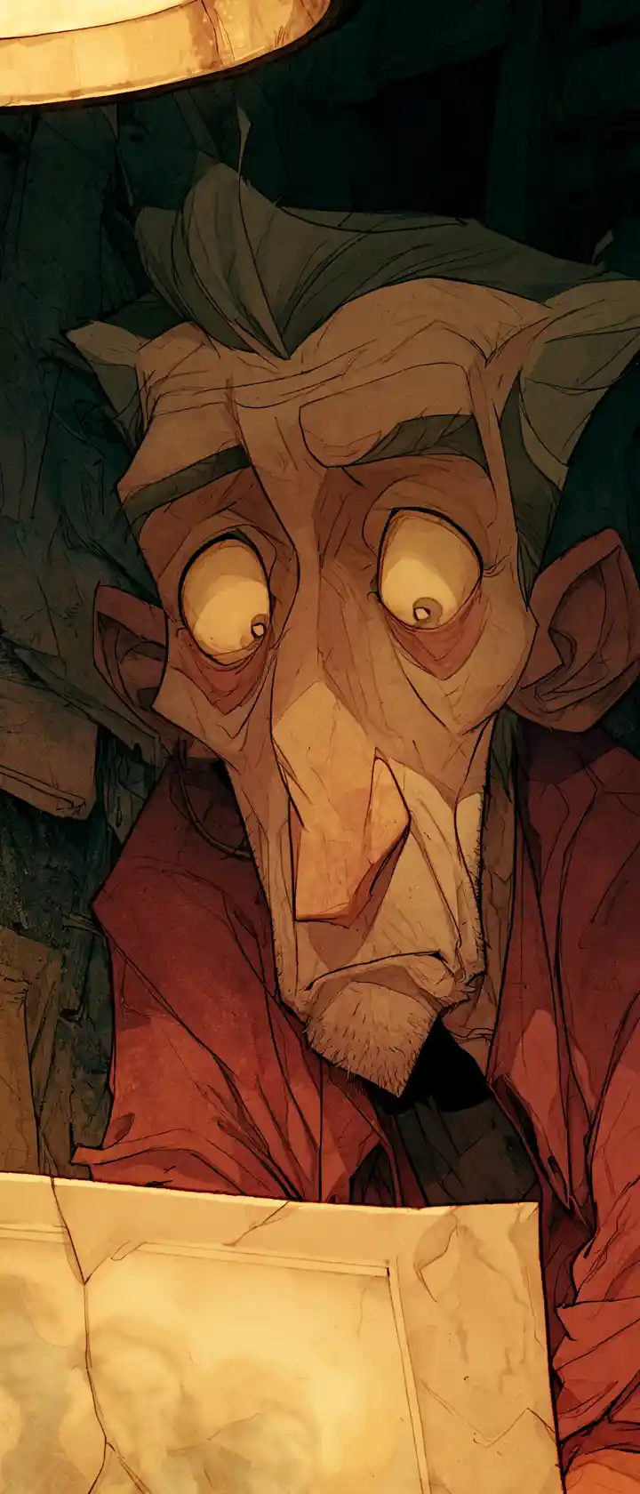 Elderly man hunched in a dim anime apartment scene