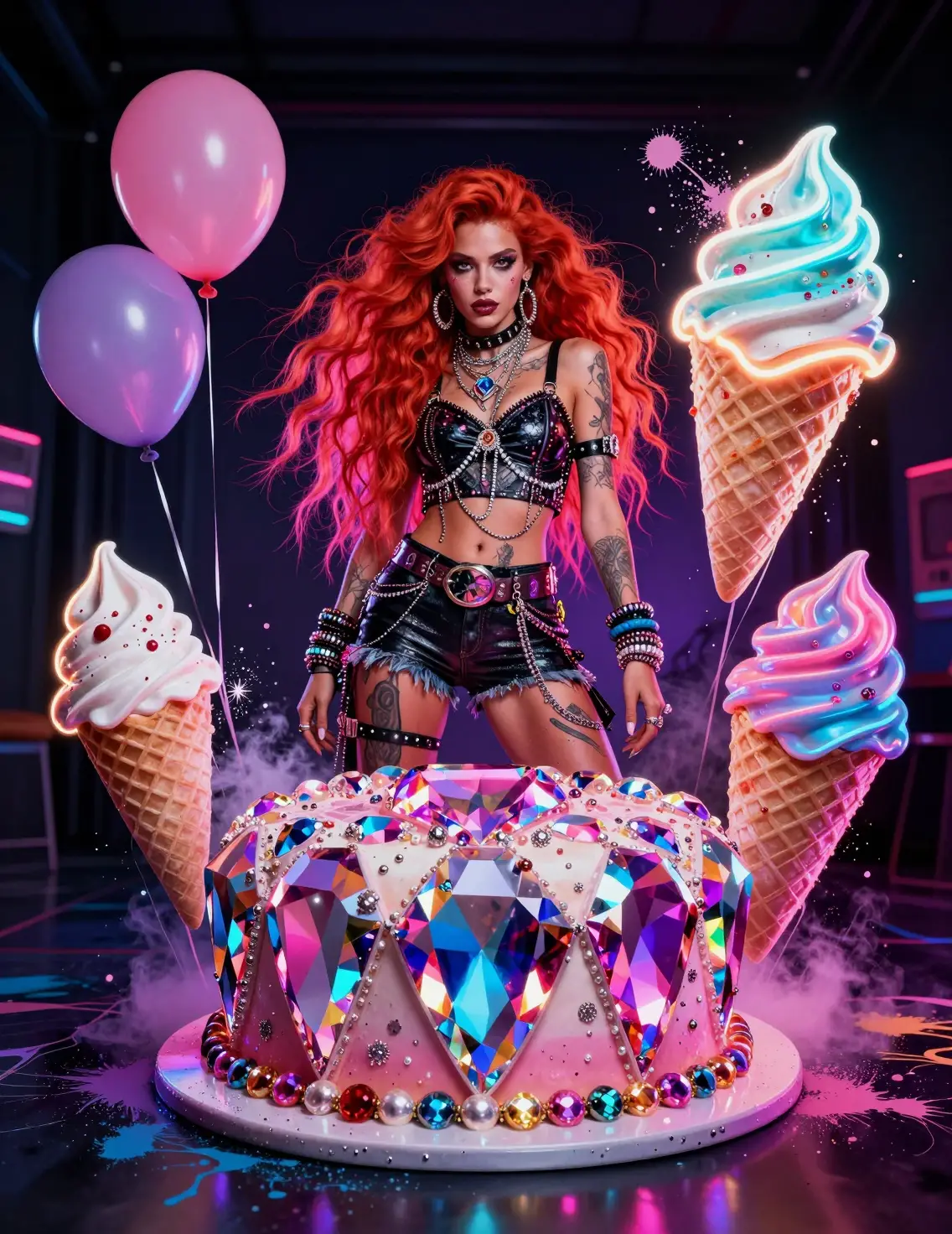 Fantasy-Rothaar-Model auf Neon-Edelstein-Geburtstagsparty