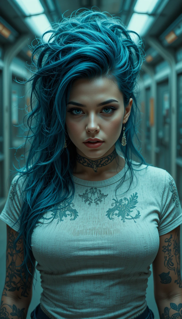 Intimidating tattooed woman in a casual space station portrait