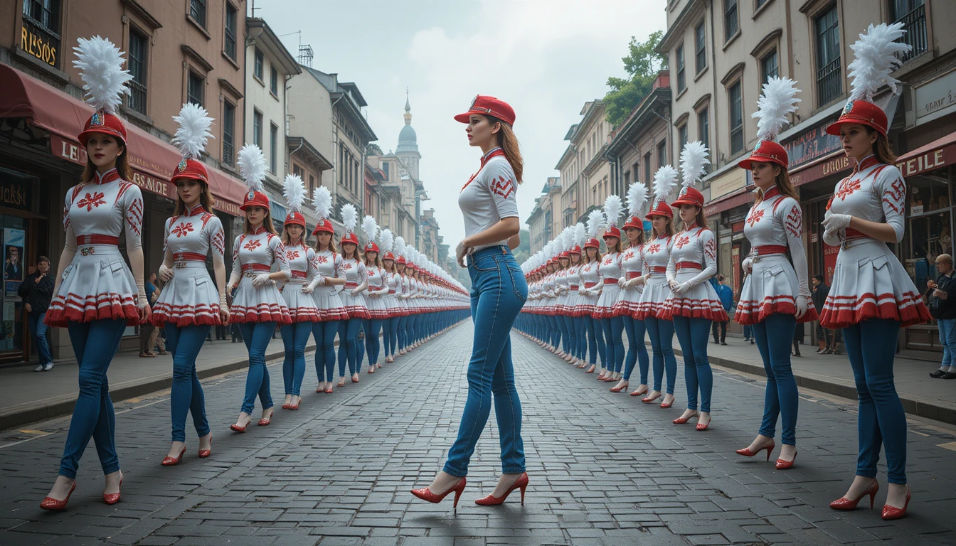 Majorette che guida una formazione su una strada cittadina asfaltata