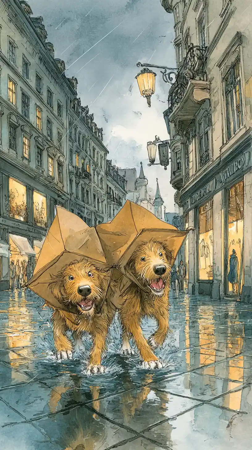 Two joyful dogs running through a rainy Munich street