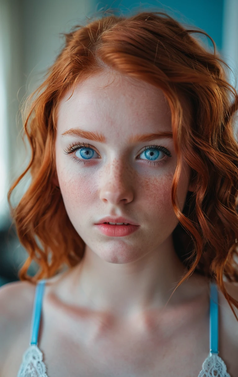 Close up portrait of red haired girl with blue eyes