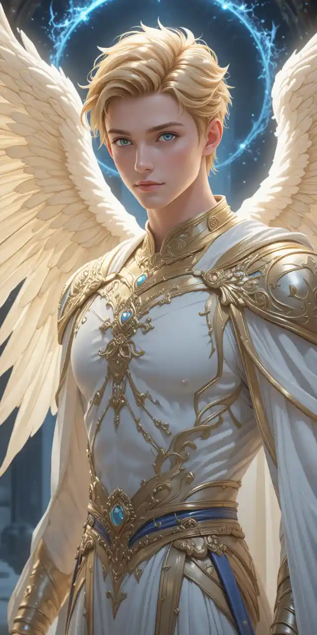 Serene angelic warrior with glowing wings in anime style
