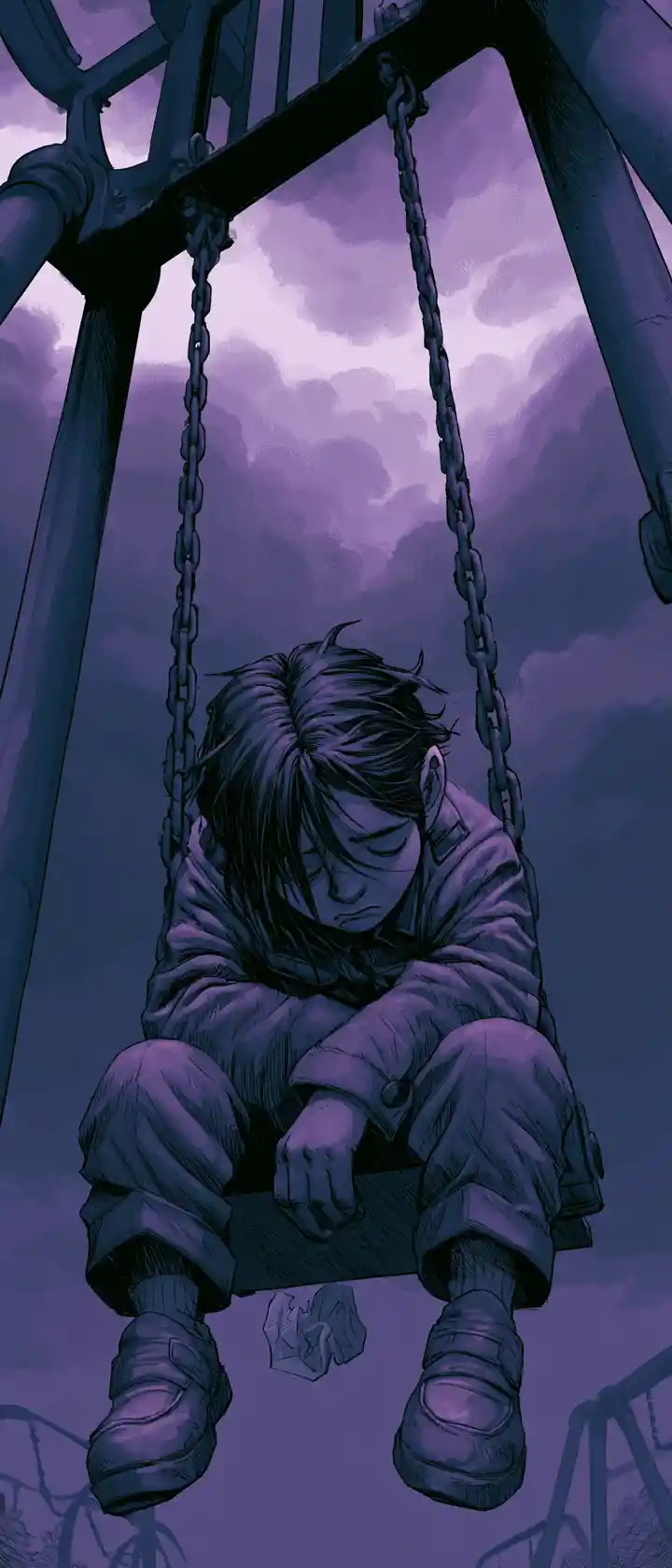 Sad anime student on a lonely swing at twilight