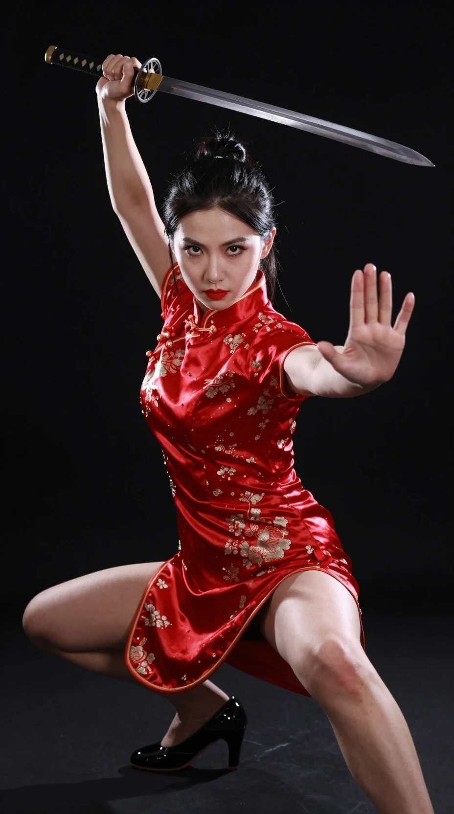 Asian woman warrior posing with katana against dark backdrop