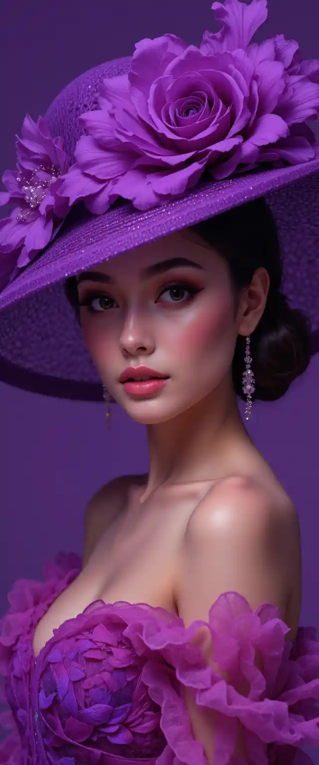 Elegant woman in violet gown and floral hat portrait