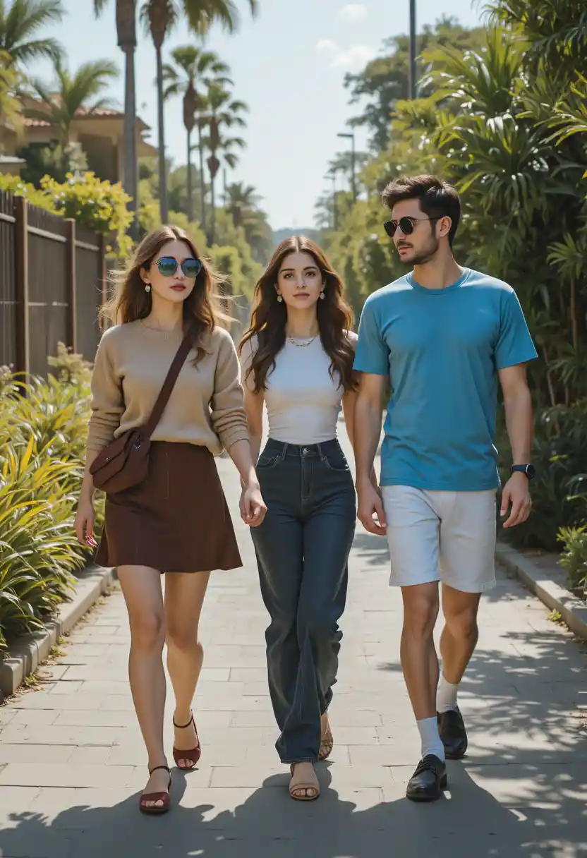Three young friends walking together on a sunny street