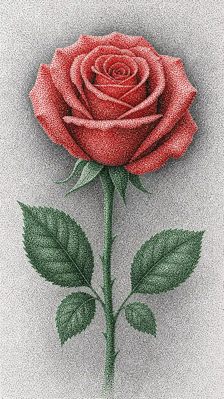 Single red rose rendered in delicate pointillism dots