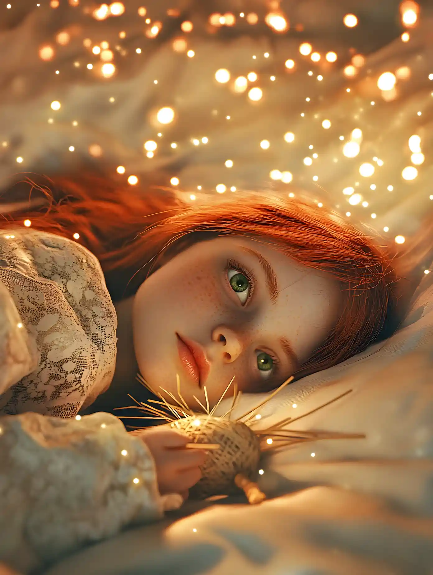 Red haired girl resting in bed under glowing ceiling stars