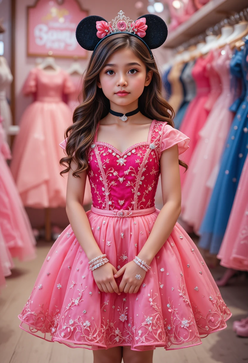 Young girl in pink Minnie dress in a Disney shop