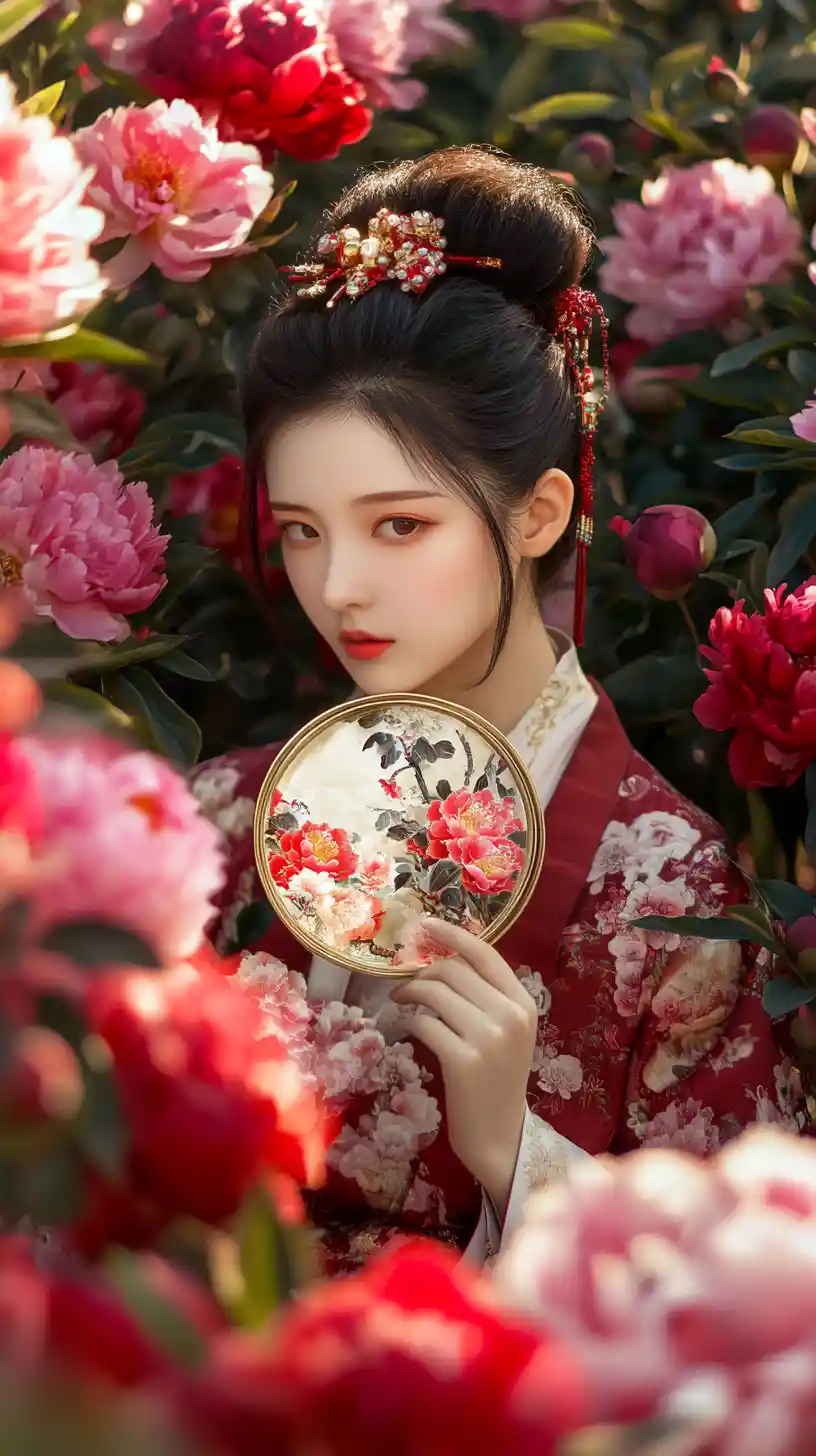 Young woman in red hanfu among blooming peonies