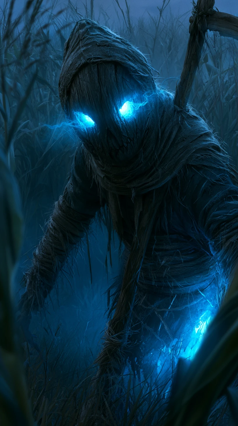 Supernatural scarecrow with glowing eyes in misty cornfield