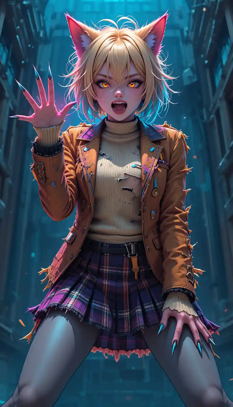 Feral anime girl in ripped school uniform with neon claws