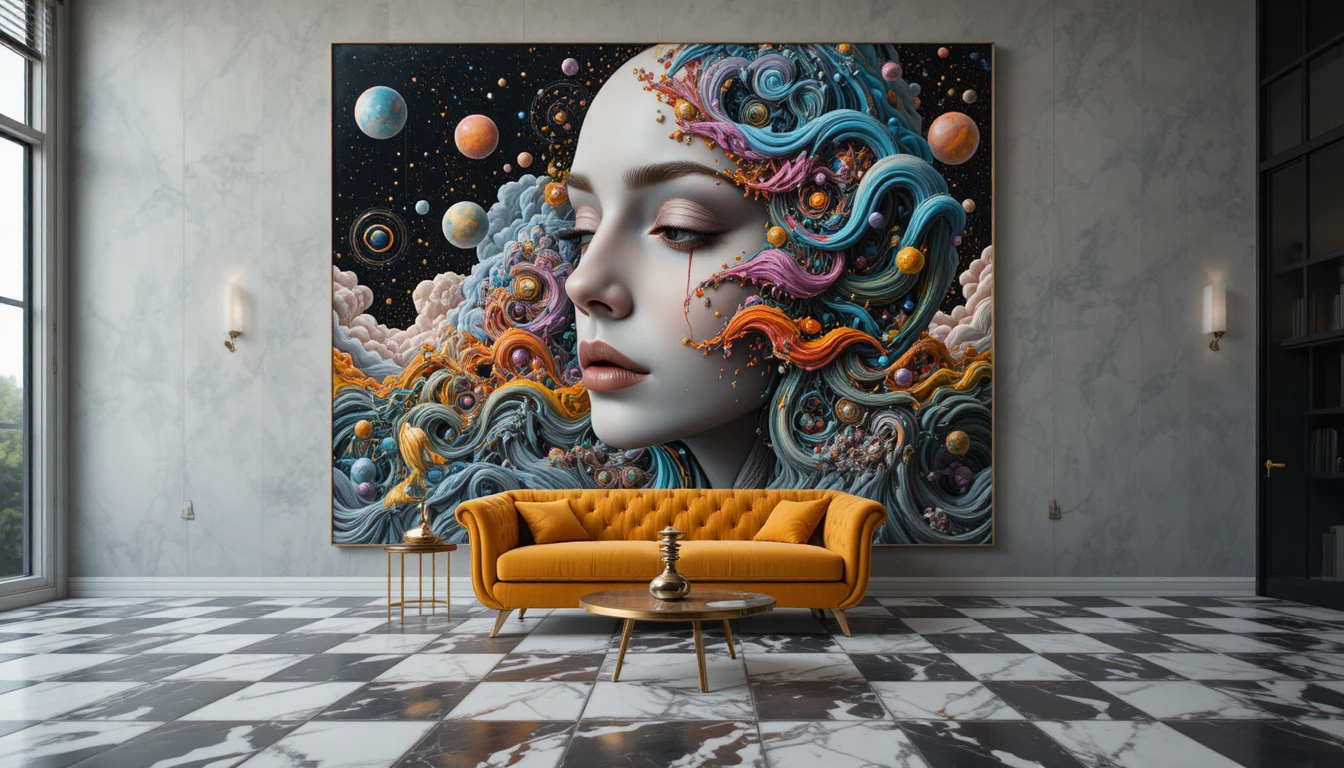 Surreal female face with tear and encroaching abstract forms
