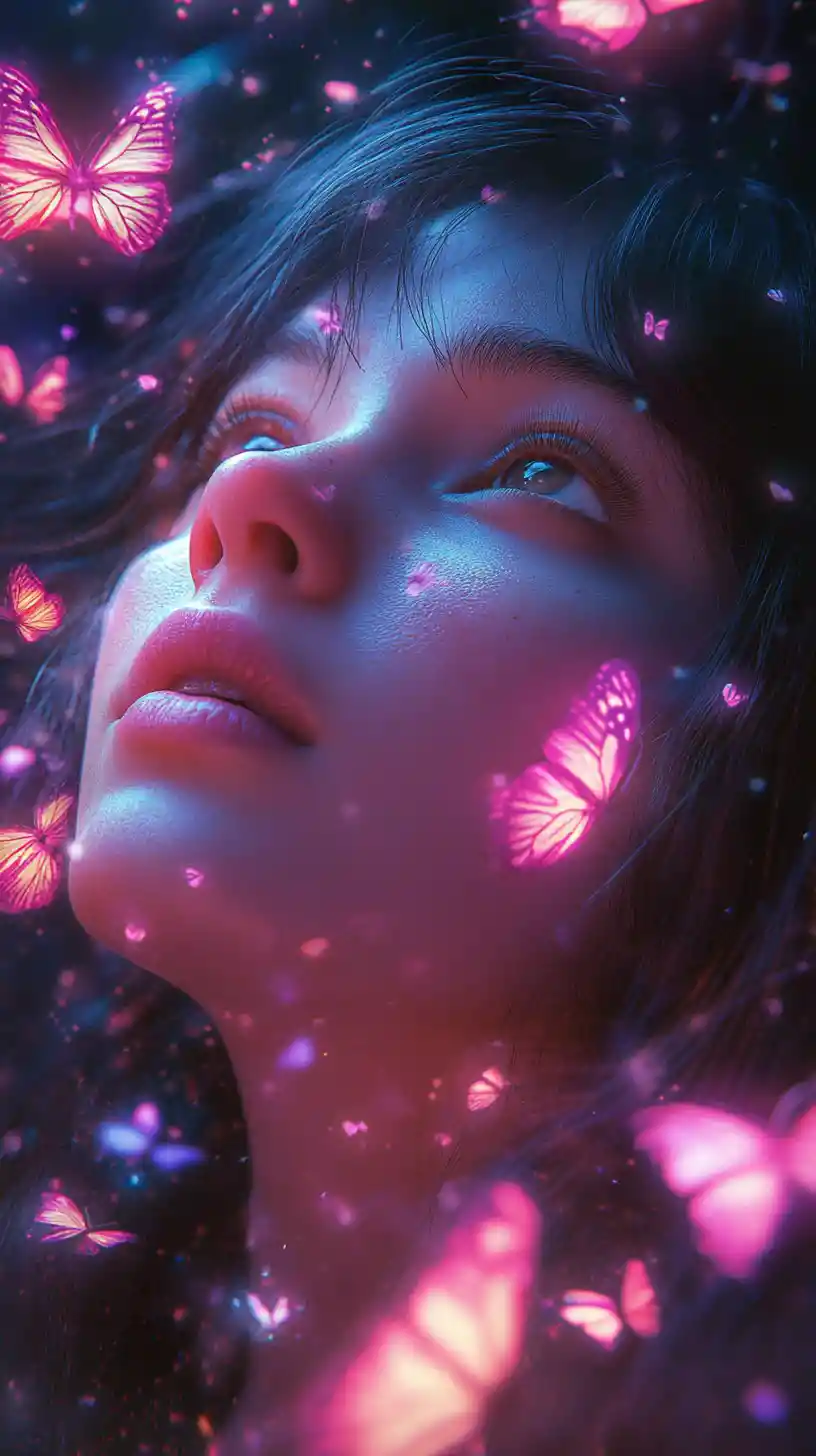 Dreamy girl surrounded by glowing neon butterflies
