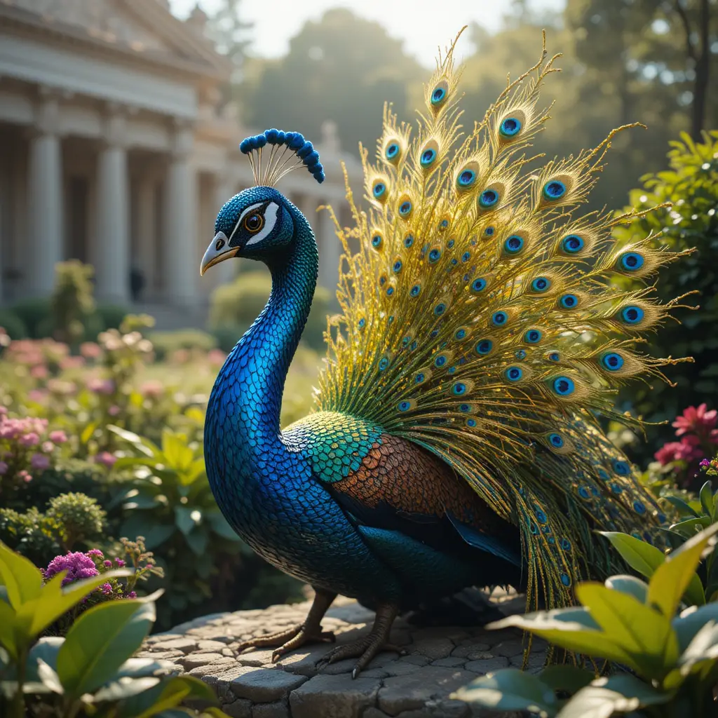 Radiant peacock serpent hybrid in a sunlit palace garden