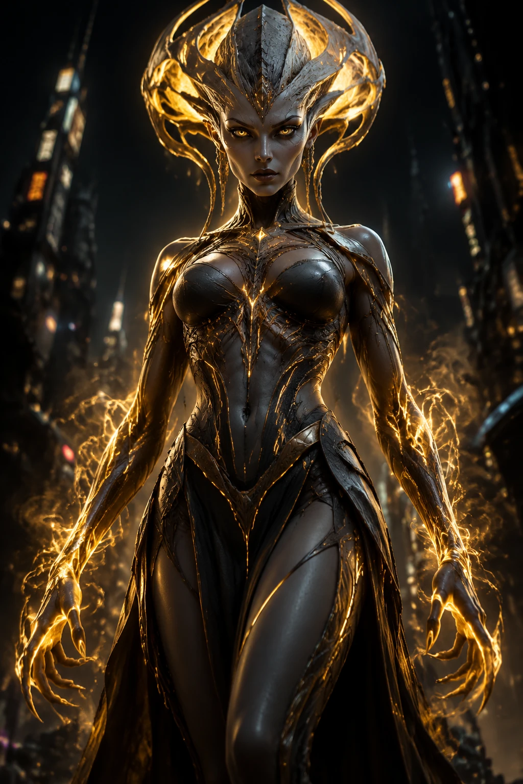 Imposing Female Alien Radiating Golden Energy In Futuristic City
