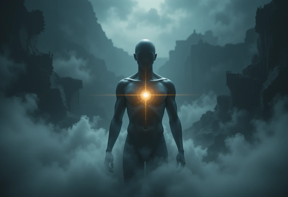 Human silhouette emerging through dense fog with soft light
