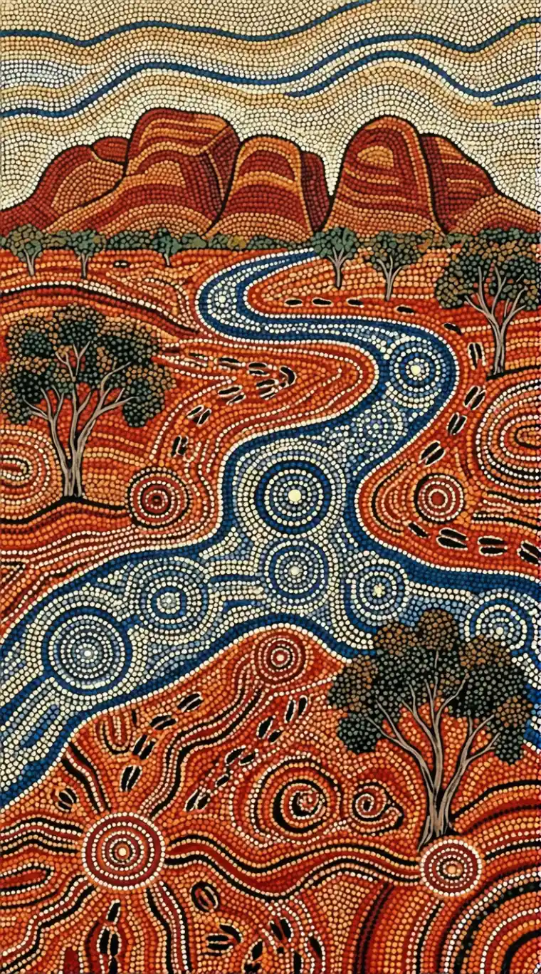 Australian outback dot painting with winding river patterns