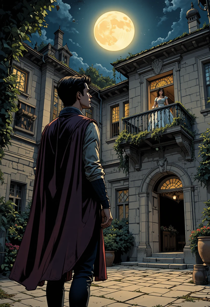 Romeo gazes up at Juliet on a moonlit balcony