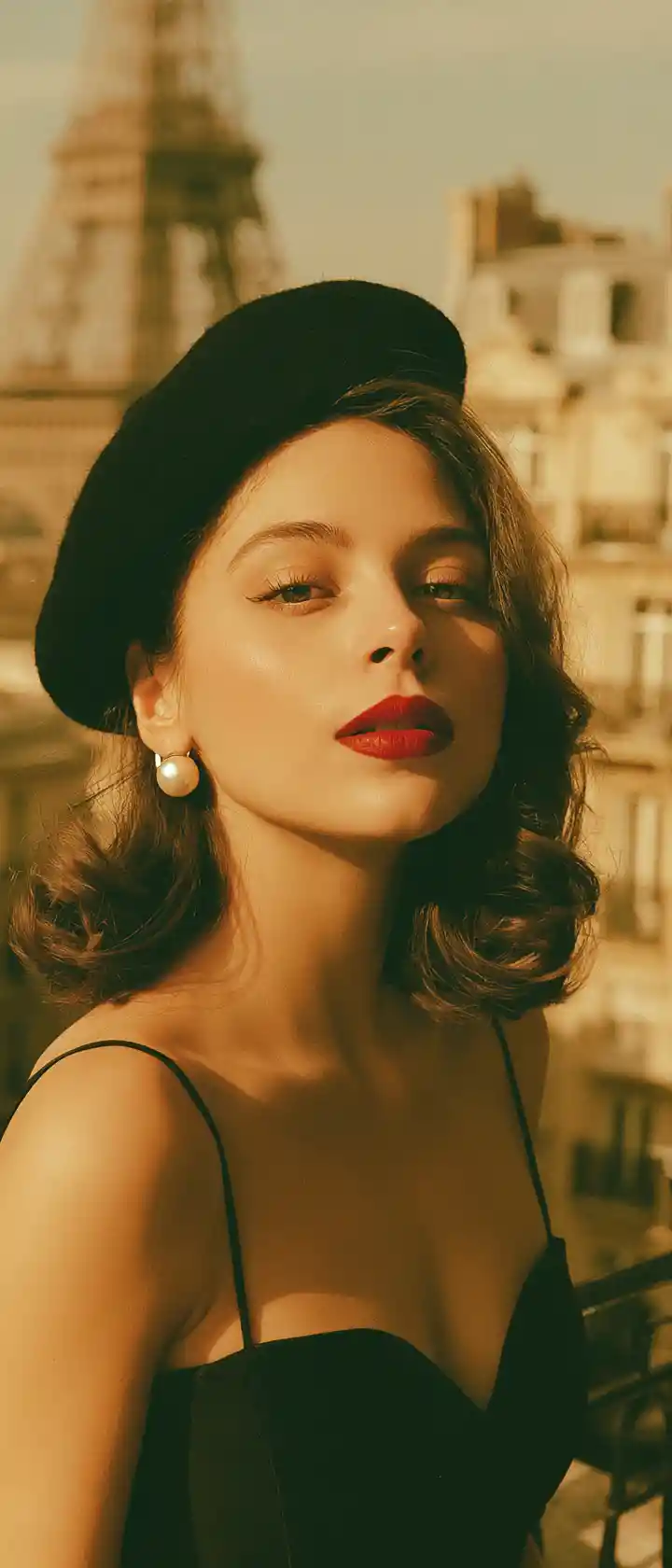 Elegant Parisian woman in beret with Eiffel Tower behind