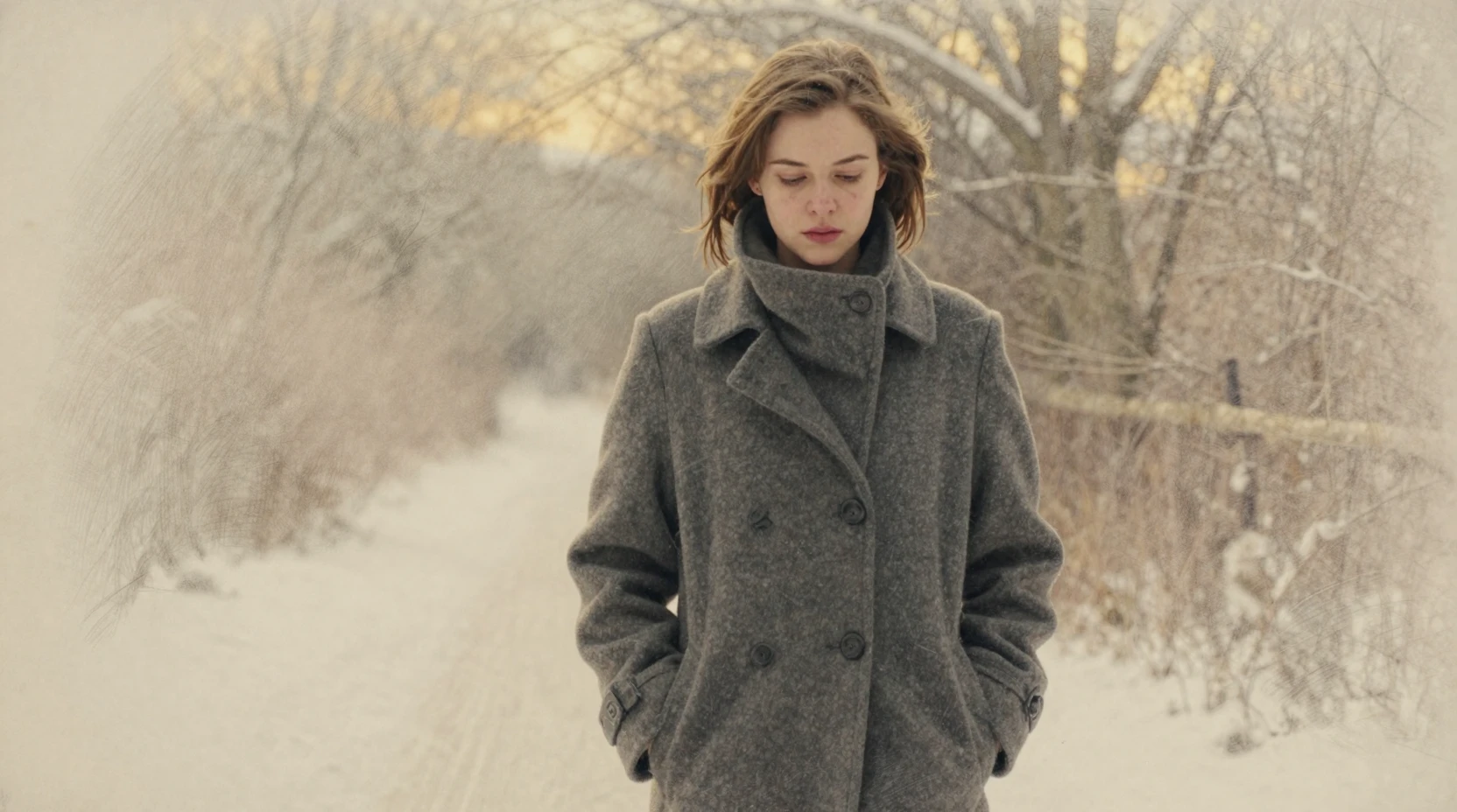 Young woman walking alone on a winter forest path