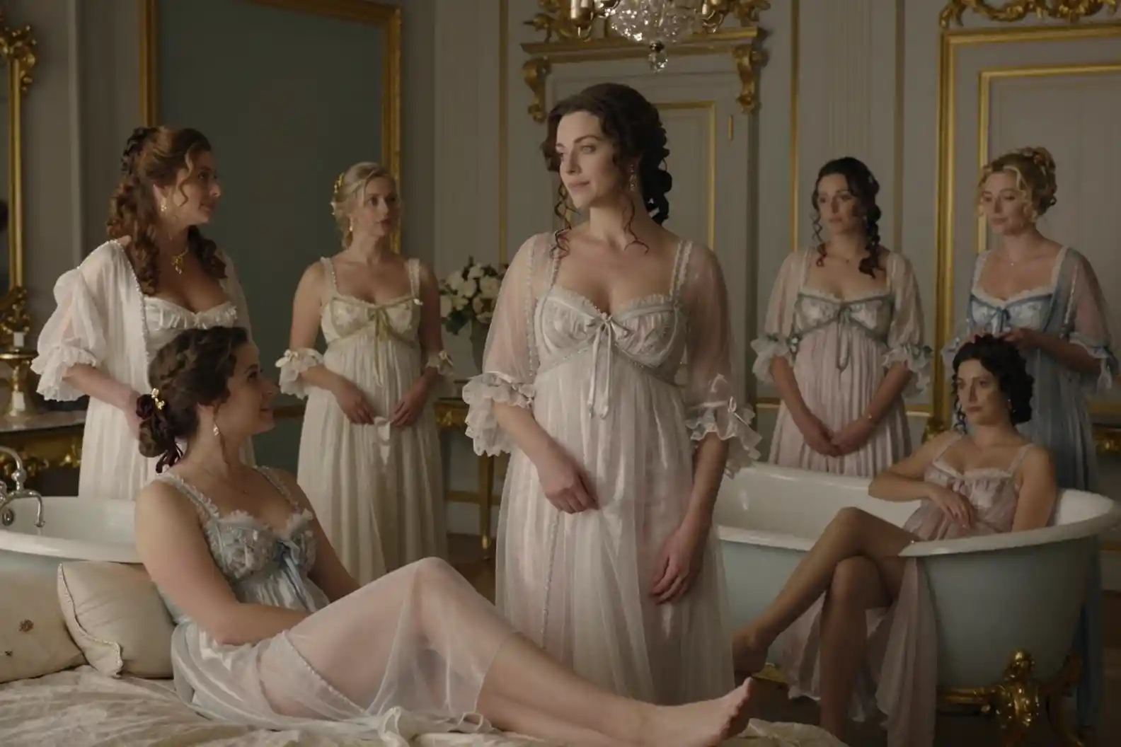 Elegant women undressing in a lavish louis xiv bedroom