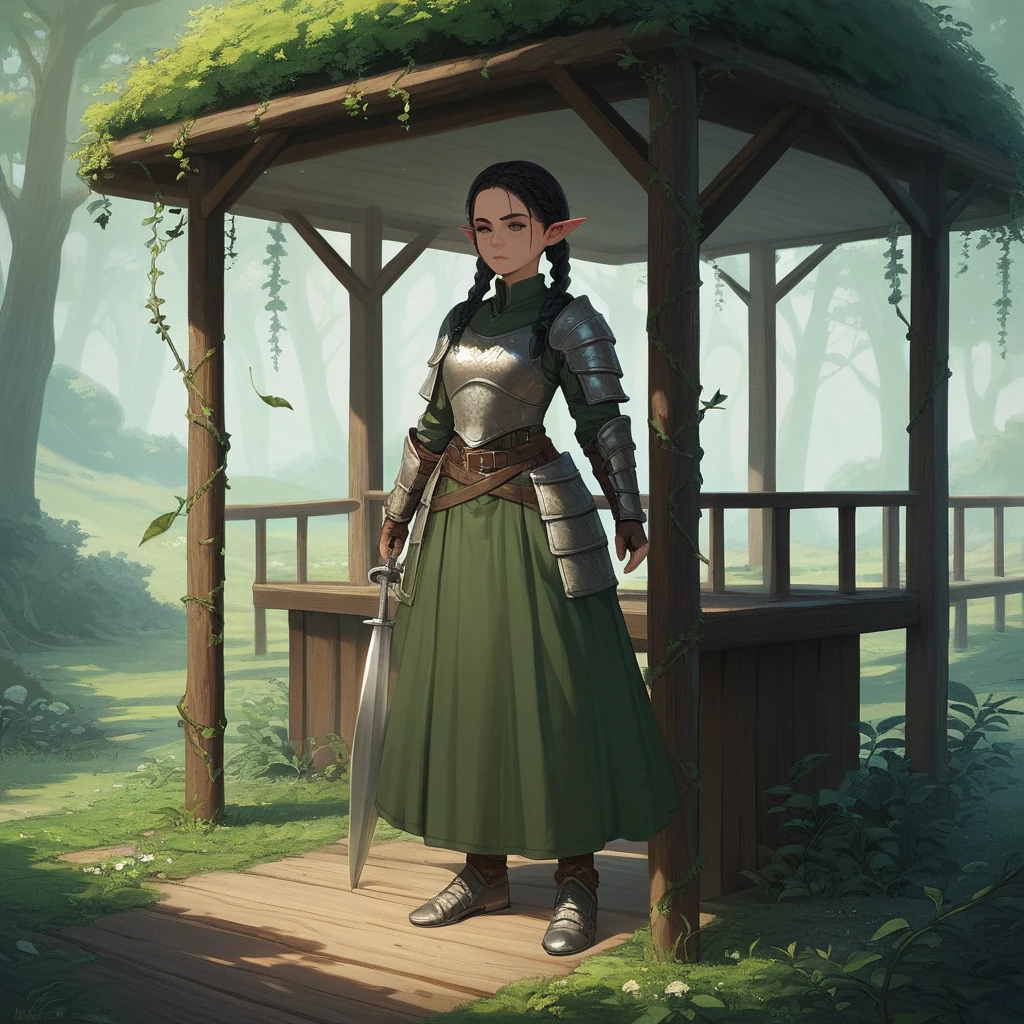 Elf warrior woman in a sunlit enchanted forest gazebo