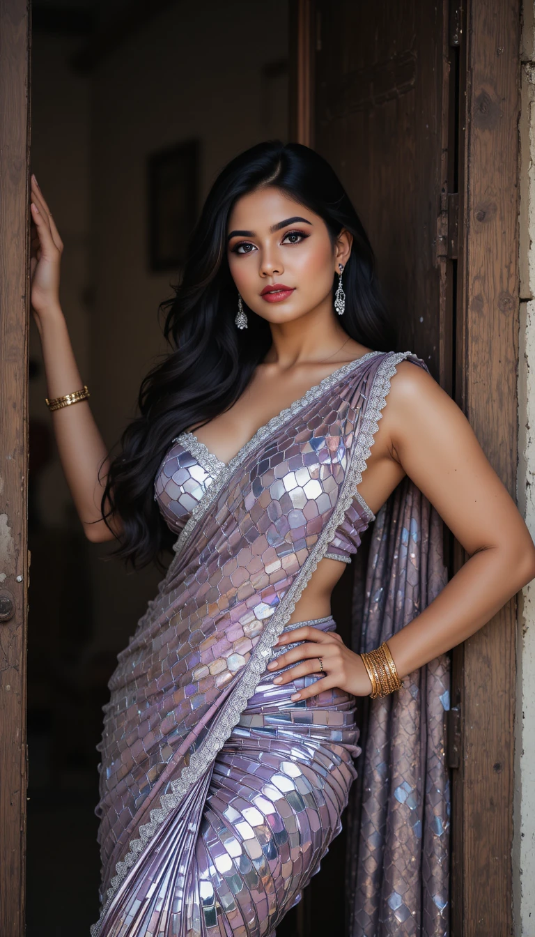 Tamil woman in glossy mirror saree leaning in doorway
