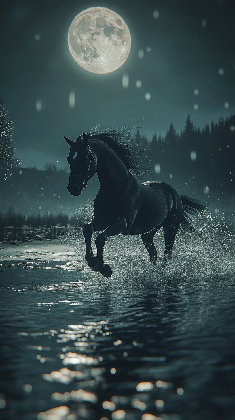 Mythical horse hybrid galloping along a midnight beach