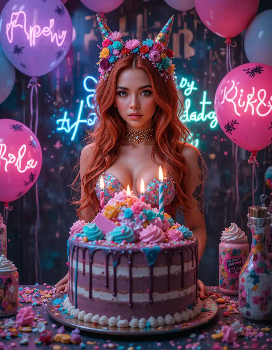 Fantasy birthday shoot with neon cake and balloons