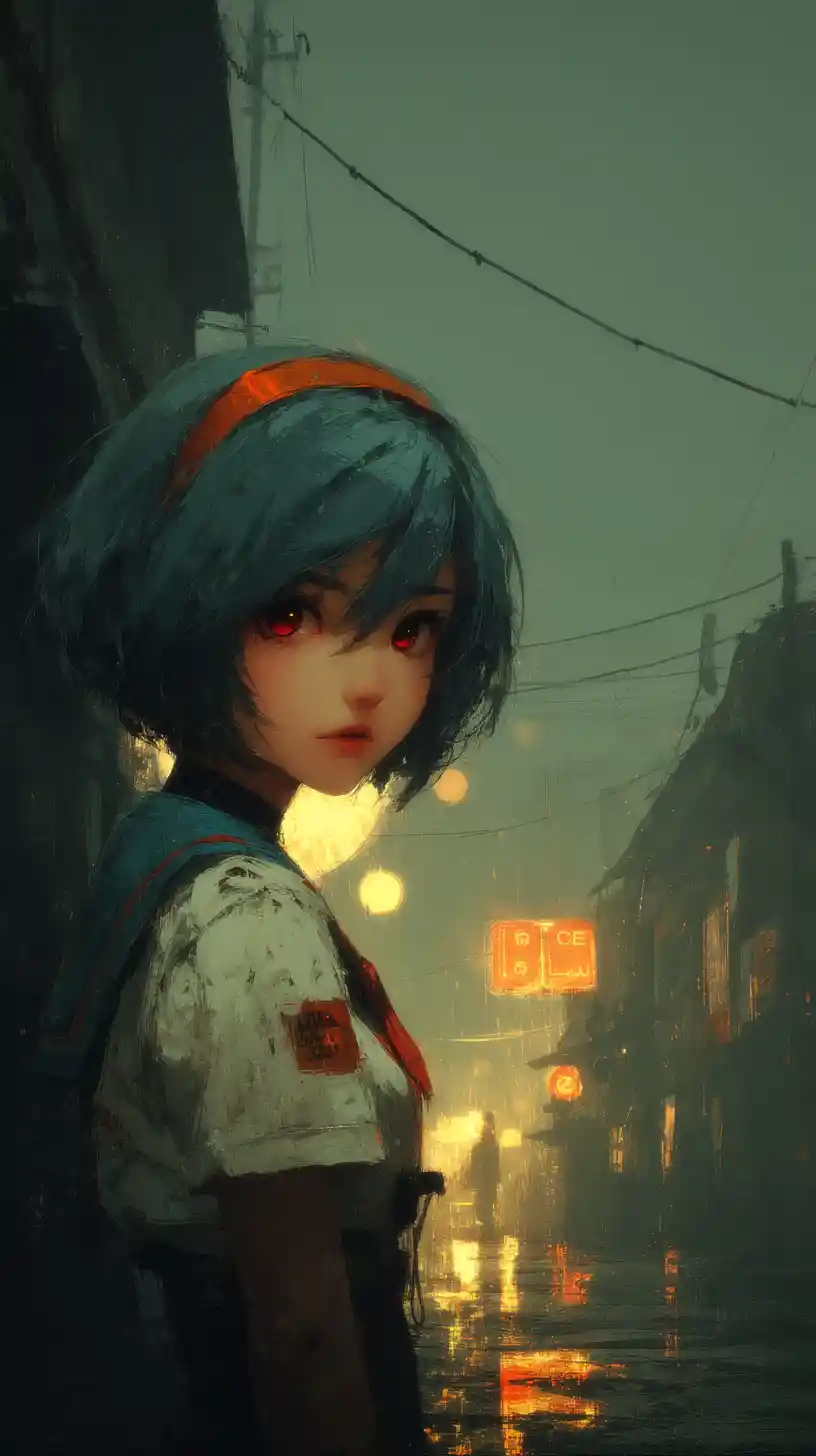 Melancholic anime girl on a rainy city street at dusk