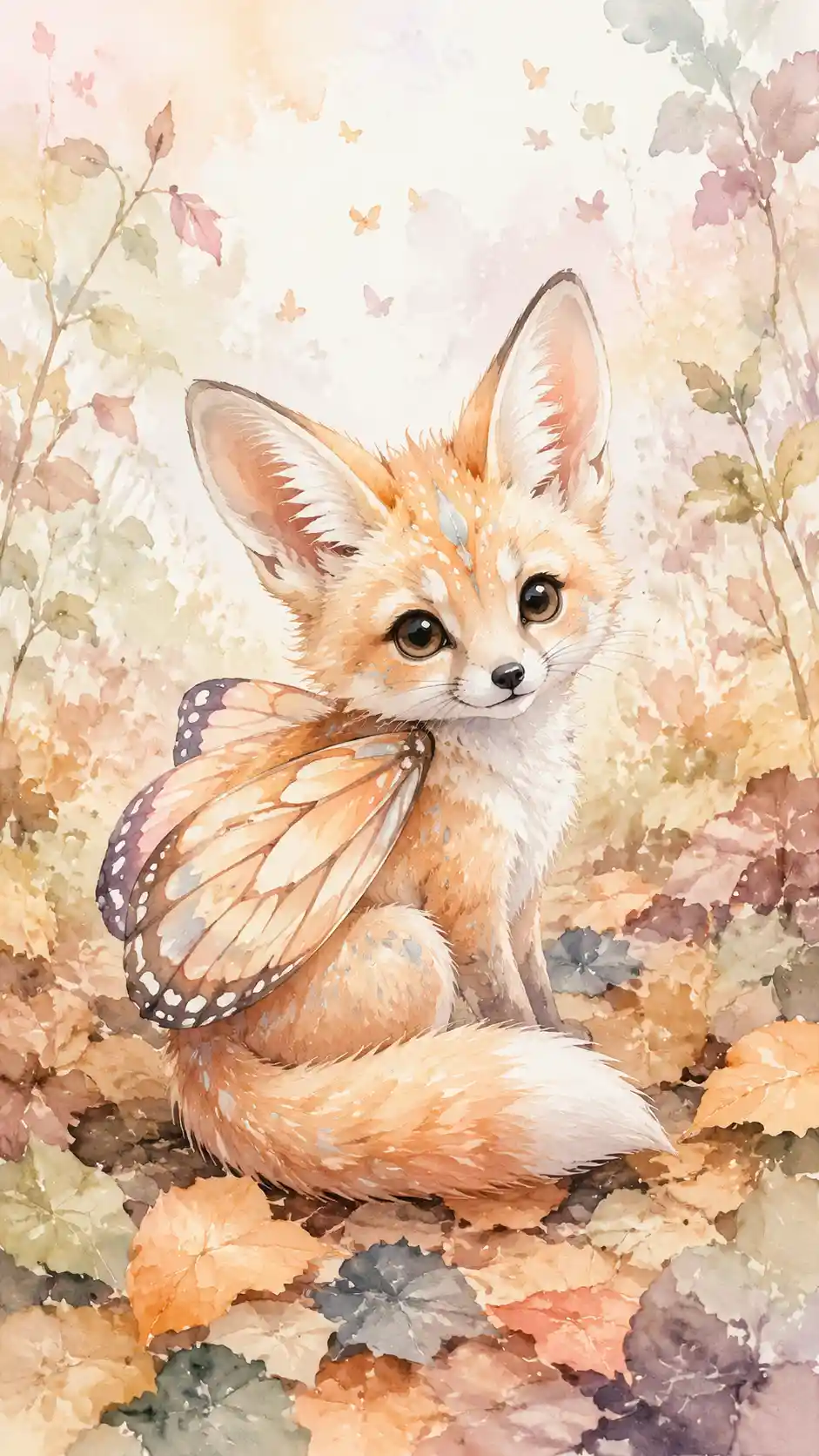 Baby fox butterfly hybrid resting in soft watercolor leaves