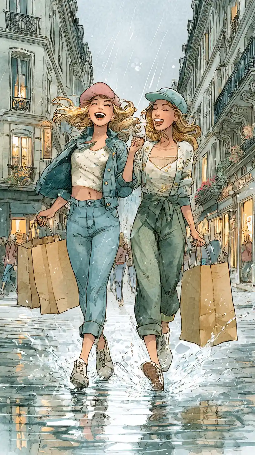 Two young women running through a rainy Paris street