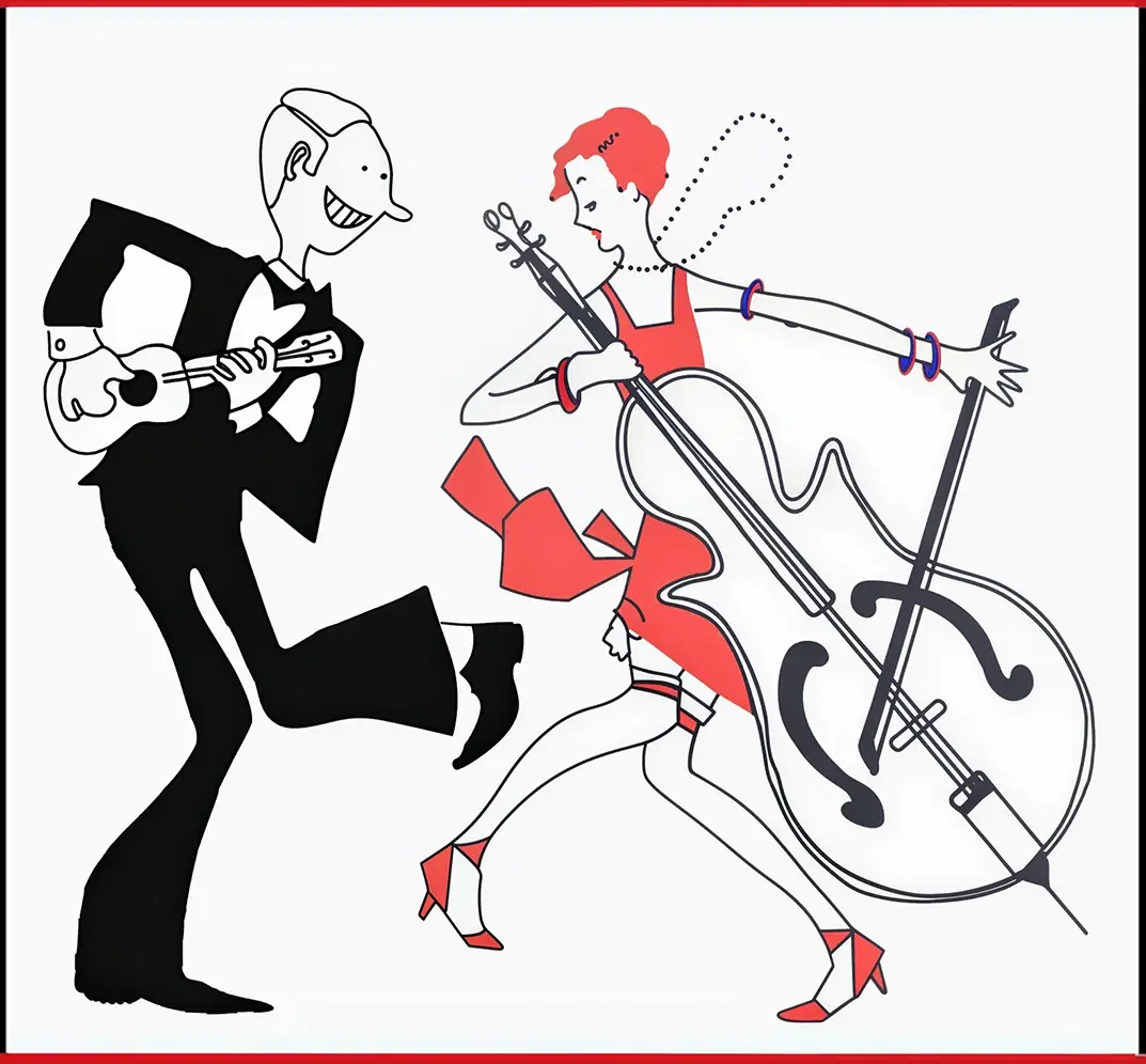 Cartoon couple dancing with contrasting musical instruments
