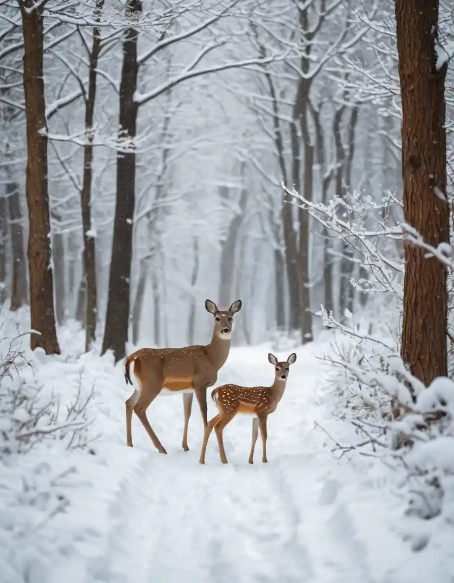 Doe and fawn walking through a snowy winter forest