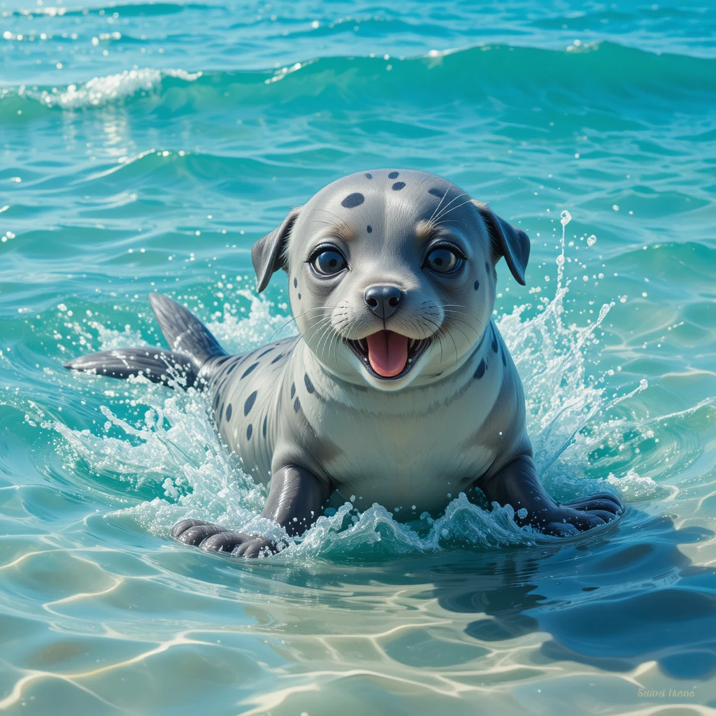 Adorable seal puppy hybrid playing in turquoise coastal water