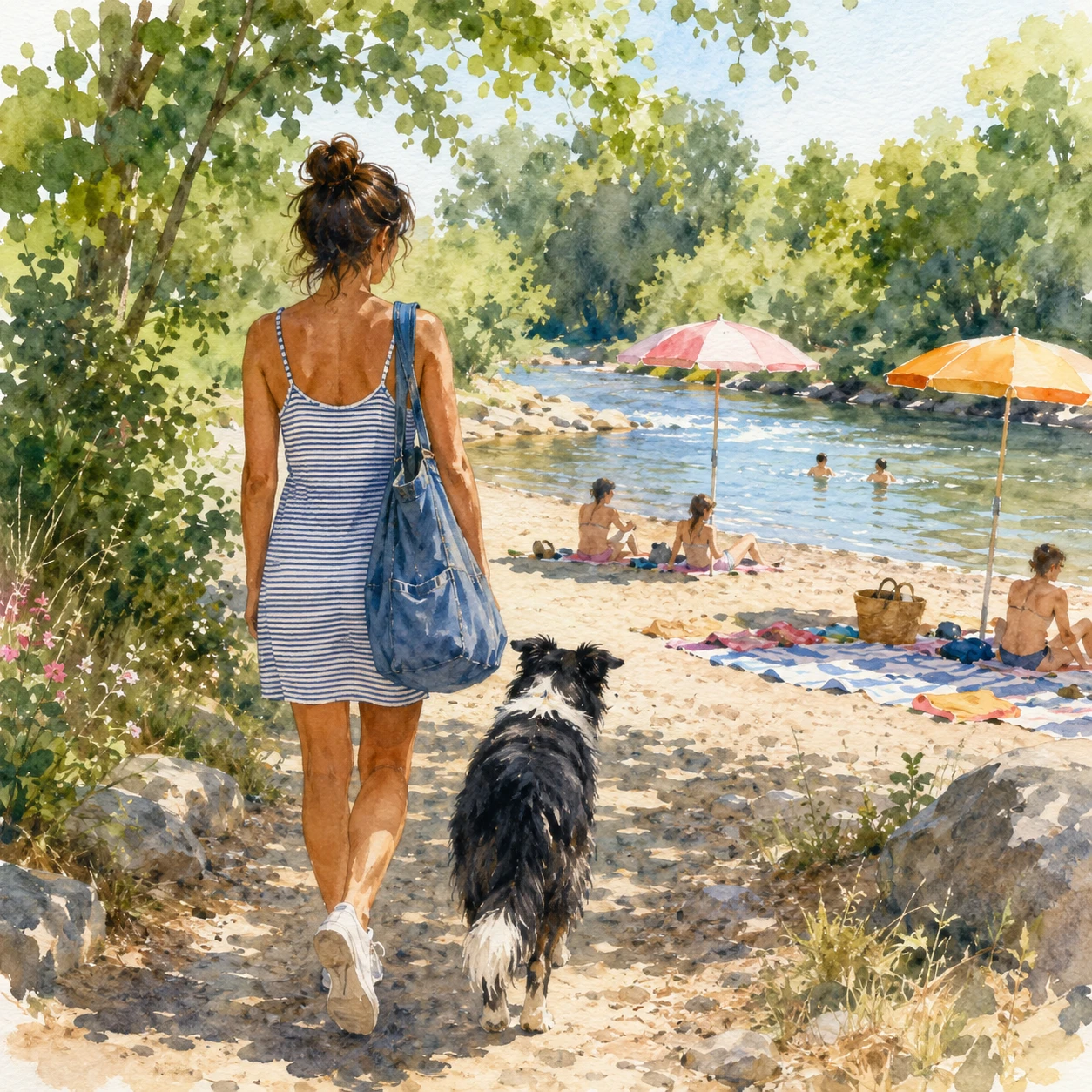 Young woman arriving at a sunny river beach
