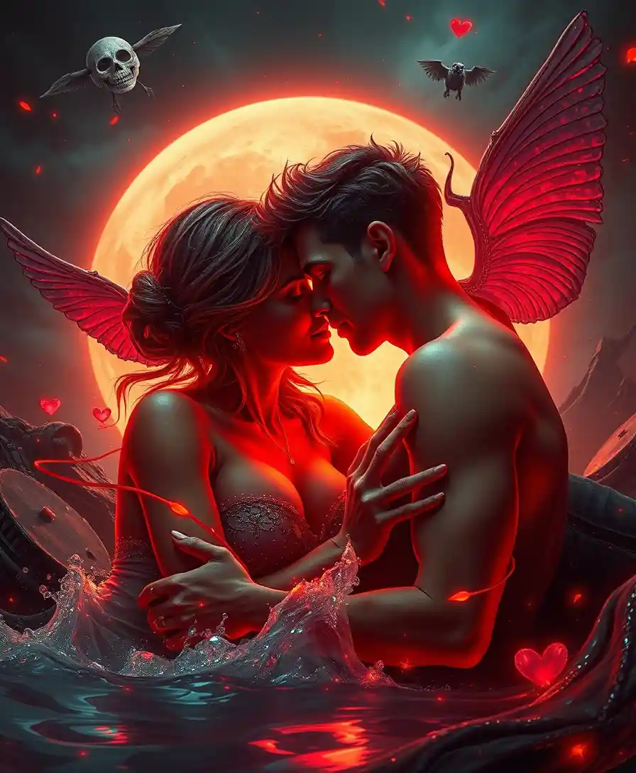 Surreal fusion of love tranquility and dangerous dark visions