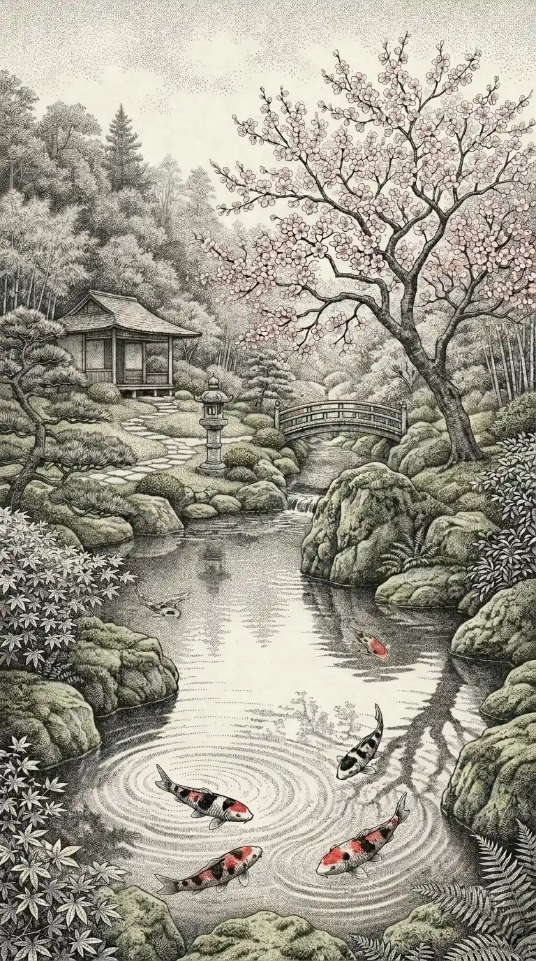 Serene Japanese garden with koi pond and cherry blossom tree